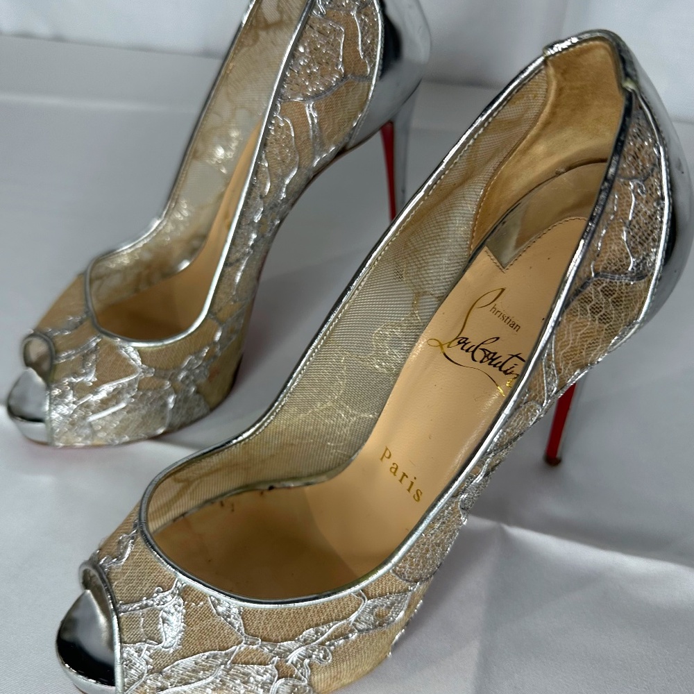 Christian Louboutin Silver Rete Dentelle Lurex Very Lace 120 Pumps
